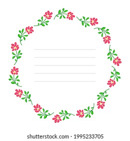Floral round frame. Template for postcard, banner, poster, packaging, wedding invitation, birthday greeting card. Hand Drawn vector illustration.