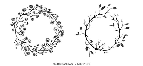 Floral round frame of twigs, leaves and flowers