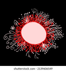 Floral round frame. Vector floral decoration made from swirl shapes. Greeting, invitation card. Simple decorative Red and white illustration for print