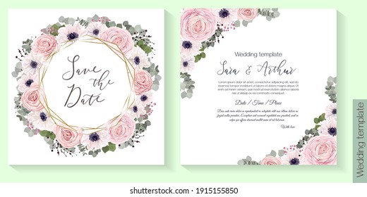 Floral round frame. White anemones, pink roses, eucalyptus, berries, gypsophila. Polygonal gold frame.