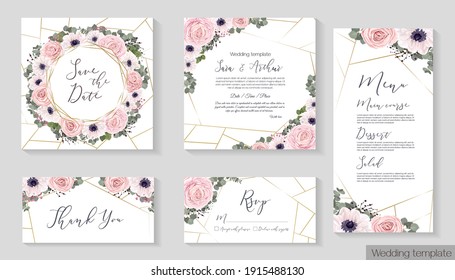 Floral round frame. White anemones, pink roses, eucalyptus, berries, gypsophila. Polygonal gold frame. Vector invitation set: square card for invitation, menu, thank you, rsvp.