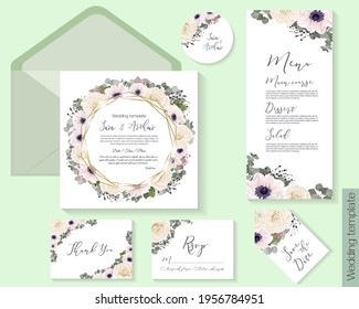 Floral round frame. White anemones, beige roses, eucalyptus, berries, gypsophila. Polygonal gold frame. Invitation card, thanks, rsvp, menu.