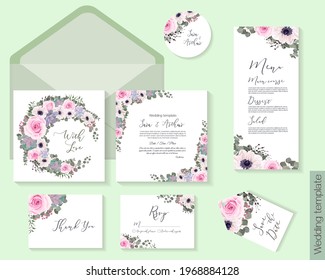 Floral round frame. White anemones, pink roses, eucalyptus, berries, succulent, gypsophila. Invitation card, thanks, rsvp, menu.