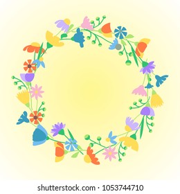 Floral round frame of a wild flowers. Vector illustration