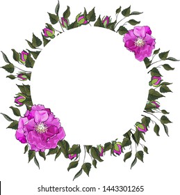 Floral Round Frame with wild rose and green leaves. Wreath for wedding stationary, fashion, greetings, background for save the dates. Festive floral circle for your design.