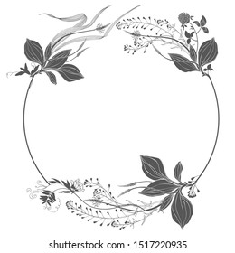 Floral round frame with wildflowers, herbs  and  space for text. Vector illustration on white. Invitation, greeting card or an element for your design.  Silhouette.