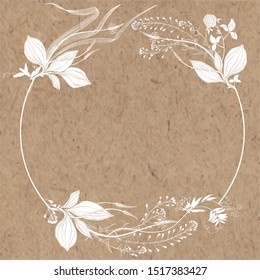 Floral round frame with wildflowers, herbs  and  space for text. Vector illustration on kraft paper. Invitation, greeting card or an element for your design.  Silhouette.