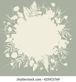 floral round frame wreath of flowers, natural design leaves flowers elements. Spring summer design for invitation, wedding or greeting cards. beige silhouette, gray background. Vector