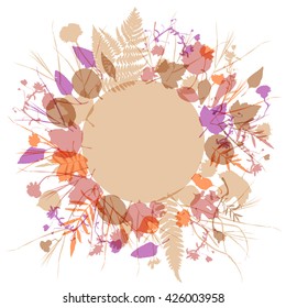 floral round frame wreath of flowers, natural design leaves flowers elements. Spring summer design for invitation, wedding or greeting cards. Lavender pink ivory silhouette, white background. Vector