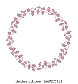 Floral round frame, wreath. Pink wildflowers, hand-drawing. For invitations, cards, packaging