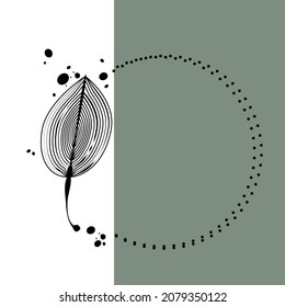 Floral round frame, wreath twig in outline style on two-tone trendy background. Vector illustration for design banner, invitation, congratulations, advertising.