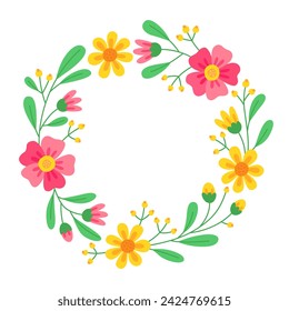 Floral round frame with yellow and pink flowers, buds, red berries and green leaves. Cute spring wreath. Meadow flowers, wild plants. Botanical decor for design, card. Design for 8 march, easter.