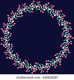 Floral round frames from cute berries. Vector greeting card template. Design artwork for the poster, tee shirt, pillow, home decor. Summer flowers with green leaves.