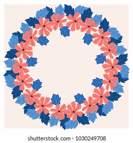 Floral round frames from cute flowers. Greeting card template. Design artwork for the poster, tee shirt, pillow, home decor. Summer flowers with green leaves.