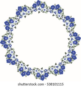 Floral round frames from cute flowers. Vector greeting card template. Design artwork for the poster, tee shirt, pillow, home decor. Summer flowers with green leaves.