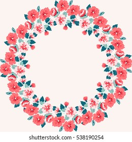Floral round frames from cute flowers. Vector greeting card template. Design artwork for the poster, tee shirt, pillow, home decor. Summer flowers with green leaves.