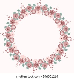Floral round frames from cute flowers. Vector greeting card template. Design artwork for the poster, tee shirt, pillow, home decor. Summer flowers with green leaves.
