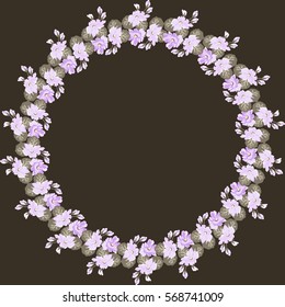 Floral round frames from cute flowers and green leaves. Vector greeting card template for Valentines day, birthday, wedding. Design artwork for the poster, tee shirt, pillow, home decor. 