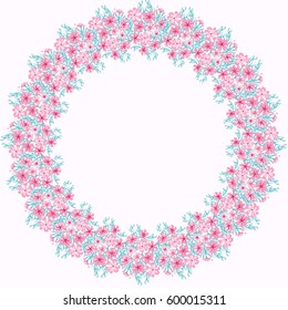 Floral round frames from cute flowers. Vector greeting card template. Design artwork for the poster, tee shirt, pillow, home decor. Summer flowers with green leaves.