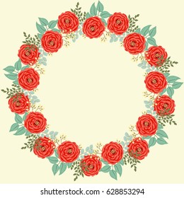 Floral round frames from cute flowers. Vector greeting card template. Design artwork for the poster, tee shirt, pillow, home decor. Summer flowers with green leaves.
