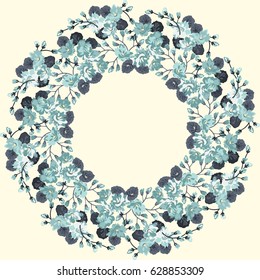 Floral round frames from cute flowers. Vector greeting card template. Design artwork for the poster, tee shirt, pillow, home decor. Summer flowers with green leaves.