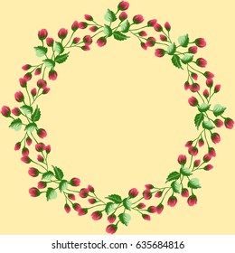 Floral round frames from cute flowers. Vector greeting card template. Design artwork for the poster, tee shirt, pillow, home decor. Summer flowers with green leaves.
