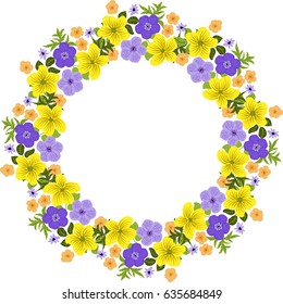 Floral round frames from cute flowers. Vector greeting card template. Design artwork for the poster, tee shirt, pillow, home decor. Summer flowers with green leaves.
