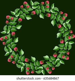 Floral round frames from cute flowers. Vector greeting card template. Design artwork for the poster, tee shirt, pillow, home decor. Summer flowers with green leaves.