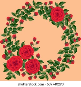 Floral round frames from cute flowers. Vector greeting card template. Design artwork for the poster, tee shirt, pillow, home decor. Summer flowers with green leaves.