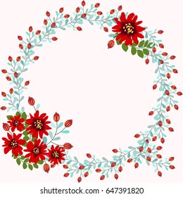 Floral round frames from cute flowers. Vector greeting card template. Design artwork for the poster, tee shirt, pillow, home decor. Summer flowers with green leaves.