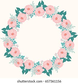 Floral round frames from cute flowers. Vector greeting card template. Design artwork for the poster, tee shirt, pillow, home decor. Summer flowers with green leaves.