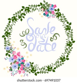 Floral round frames from cute flowers. Vector greeting card template. Design artwork for the poster, tee shirt, pillow, home decor. Summer flowers with green leaves. Inscription "Save our date"