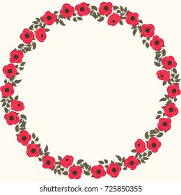 Floral round frames from cute flowers, feathers, antique roses. Greeting card template. Design artwork for the poster, tee shirt, pillow, home decor. Summer flowers with green leaves.