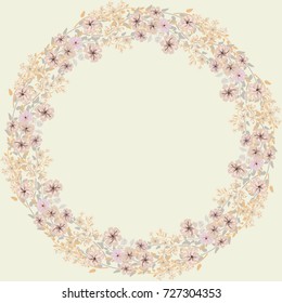 Floral round frames from cute flowers. Greeting card template. Design artwork for the poster, tee shirt, pillow, home decor. Summer flowers with green leaves.