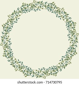 Floral round frames from cute green leaves. Vector greeting card template. Design artwork for the poster, tee shirt, pillow, home decor.