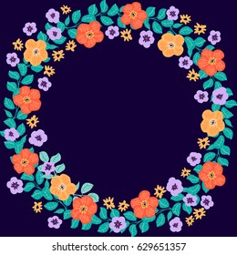 Floral round frames from cute orange flowers and mint twigs. Vector greeting card template. Design artwork for the poster, tee shirt, pillow, home decor. Summer flowers with green leaves.