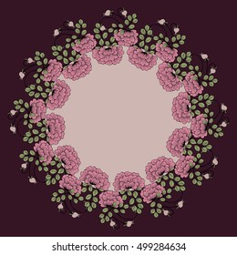 Floral round frames from hand drawn dog roses. Vector greeting card template. Design artwork for the poster, tee shirt, pillow, home decor. Summer flowers with green leaves.