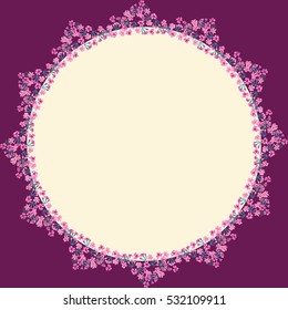 Floral round frames of maiden pink. Vector greeting card template. Design artwork for the poster, tee shirt, pillow, home decor. Summer flowers wreath with green leaves.
