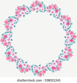 Floral round frames of pink flowers. Vector greeting card template. Design artwork for the poster, tee shirt, pillow, home decor. Summer flowers with green leaves.