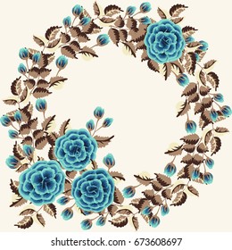 Floral round frames of roses. Vector greeting card template. Design artwork for the poster, tee shirt, pillow, home decor. Summer flowers with green leaves.
