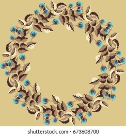 Floral round frames of roses. Vector greeting card template. Design artwork for the poster, tee shirt, pillow, home decor. Summer flowers with green leaves.