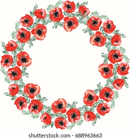 Floral round frames of wild red poppy. Vector greeting card template. Design artwork for the poster, tee shirt, pillow, home decor. Summer flowers with green leaves.