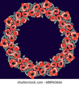 Floral round frames of wild red poppy. Vector greeting card template. Design artwork for the poster, tee shirt, pillow, home decor. Summer flowers with green leaves.