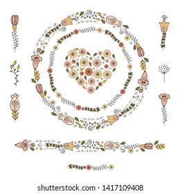 Floral round garland and endless pattern brush made of stylized herbs. Flowers for romantic design, decoration, greeting cards, posters, wedding invitations, advertisement. 