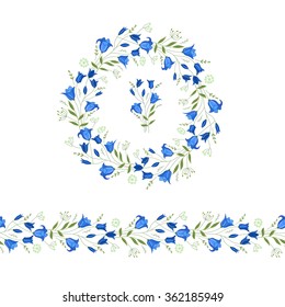 Floral round garland and endless pattern brush made of bluebells. Flowers for romantic and easter design, decoration,  greeting cards, posters, advertisement.