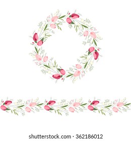 Floral round garland and endless pattern brush made of red and pink tulips.  Flowers for romantic and easter design, decoration,  greeting cards, posters, wedding invitations, advertisement.