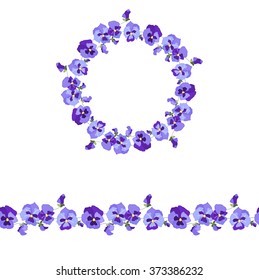 Floral round garland and endless pattern brush made of violas. Flowers for romantic and easter design, decoration,  greeting cards, posters, advertisement.