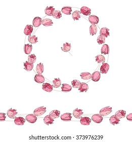 Floral round garland and endless pattern brush made of red and pink tulips.  Flowers for romantic and easter design, decoration,  greeting cards, posters, wedding invitations, advertisement.