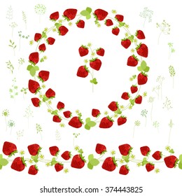 Mariscos redondos florales y brotes interminables de patrón hechos de fresas maduras.  Berries para romántico y de diseño, decoración, tarjetas de felicitación, carteles, invitaciones, publicidad.