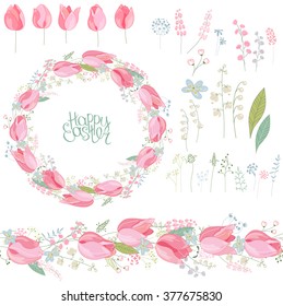 Marisma redonda floral y pincel interminable de patrón hecho de tulipanes rojos.  Flores para el diseño romántico y de Semana Santa, decoración, tarjetas de felicitación, invitaciones, publicidad. Phrase Happy Easter